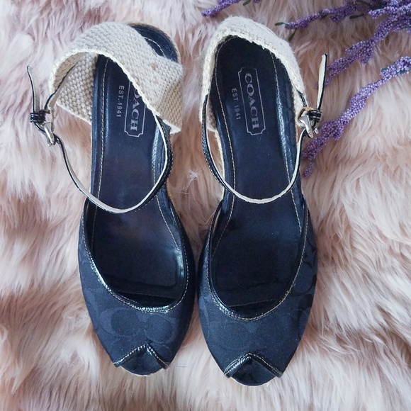 Coach Black Wedge Ankle Strap Peep Toe Espadrilles - Picture 5 of 8